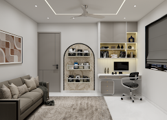 Living room with an arched display shelf and built-in study desk