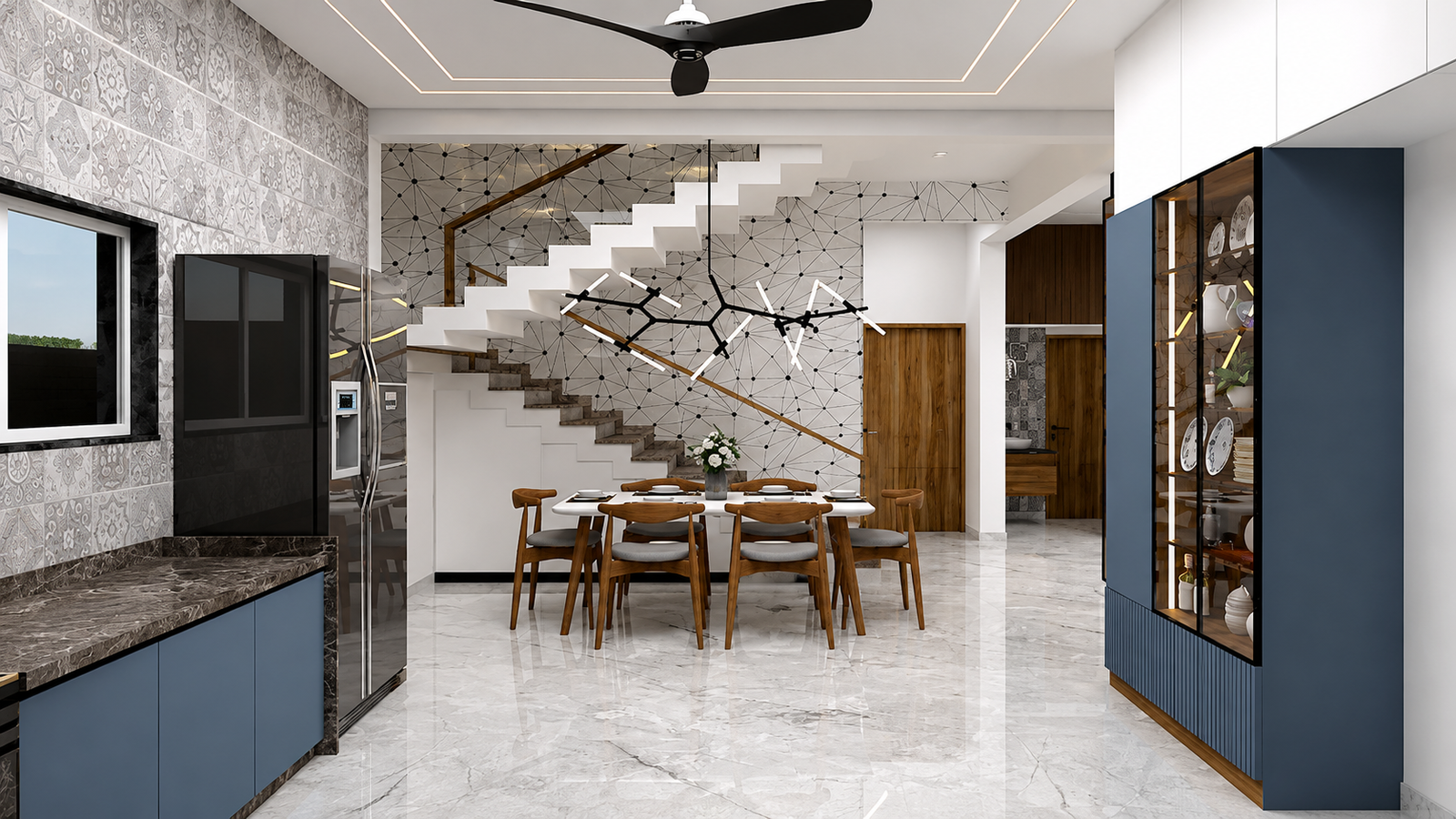 Open dining room beneath a sculptural staircase with a branch-form pendant light
