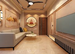 Warm living room with a circular alcove and ambient evening lighting