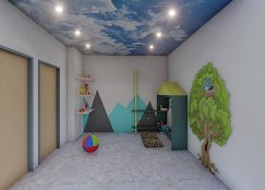 Children's play room with a painted sky ceiling and mountain wall mural
