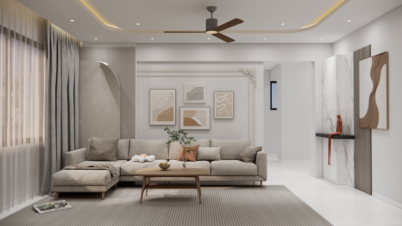 Living room styled in linen tones with a curved rug and framed artwork